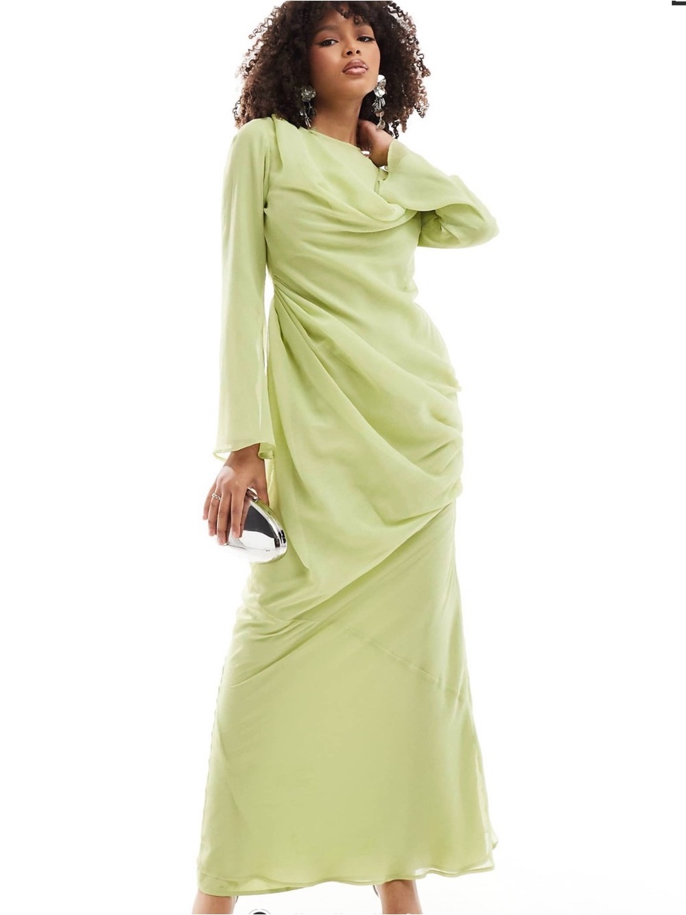 ASOS Light Lime Green Long Sleeve Draped Maxi Dress